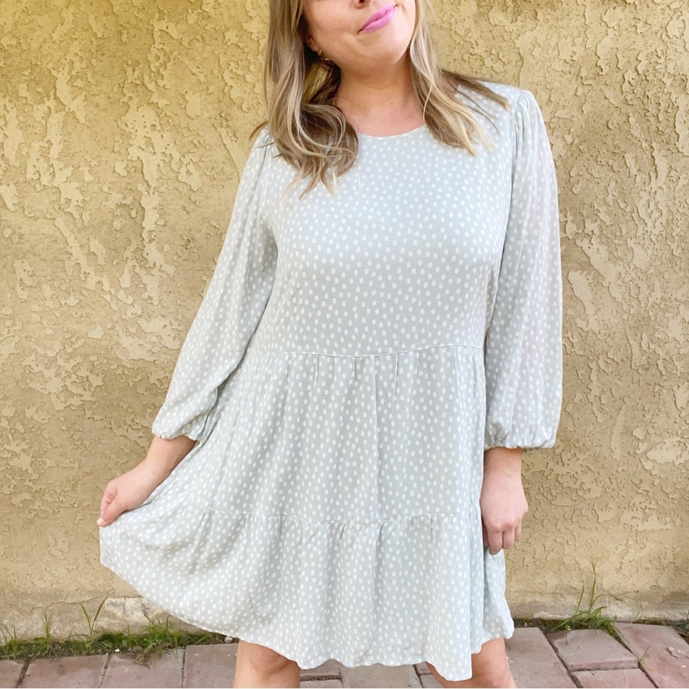 Abercrombie & Fitch petite sage green polka dot tiered casual mini dress Sz XLP